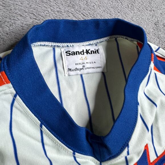 Vintage 80s Sand Knit Mets Cropped Jersey Womens Pinstripe Baseball Top S/M - Picture 2 of 7